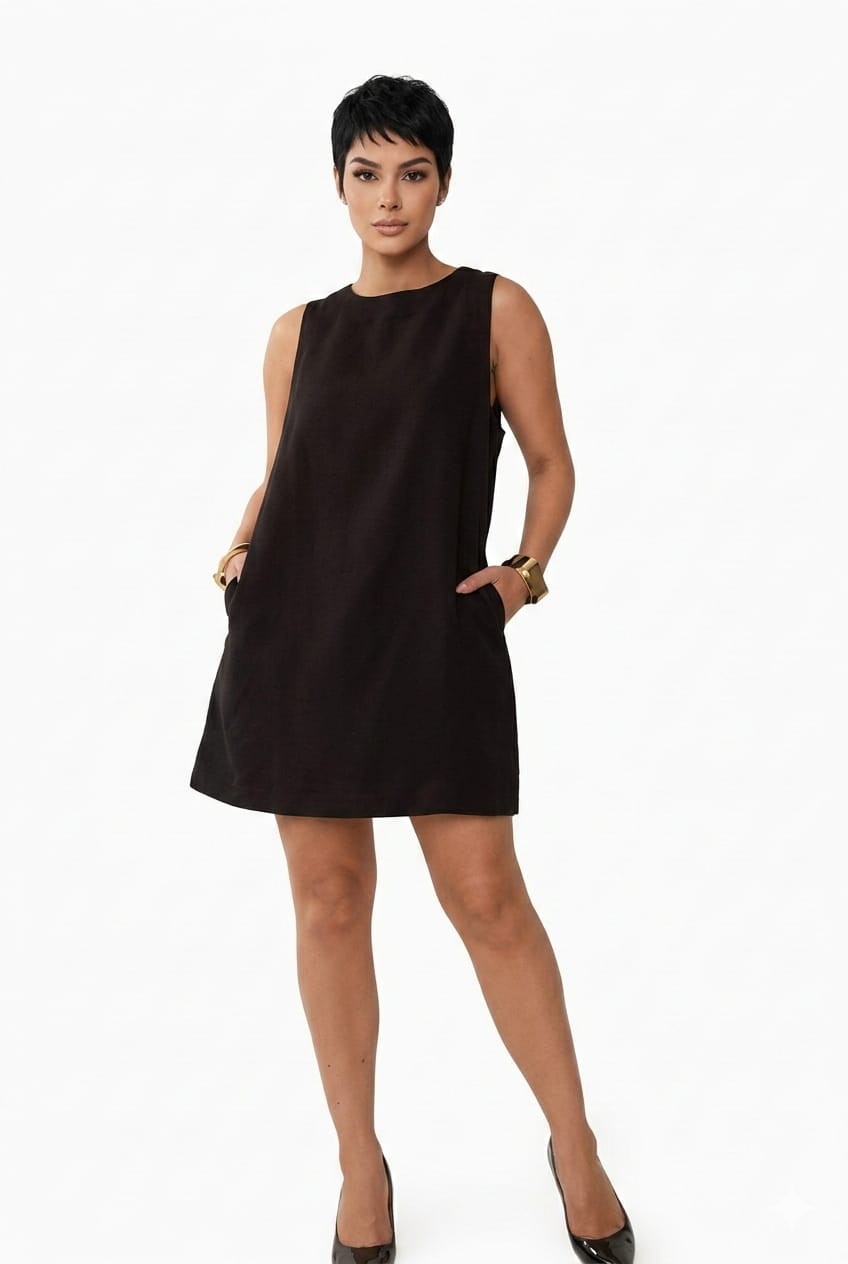 Vestido Curto Premium Preto com Bolsos Funcionais e Zíper Discreto