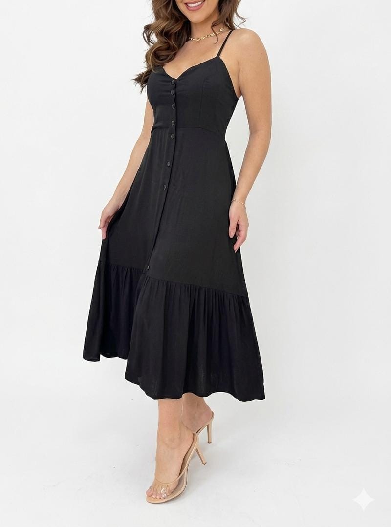 Vestido Midi Duna Preto Elegance Longo – Modela o Corpo com Detalhe em Botões