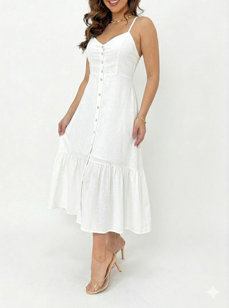 Vestido Midi Duna Branco Elegance Longo – Modela o Corpo com Detalhe em Botões