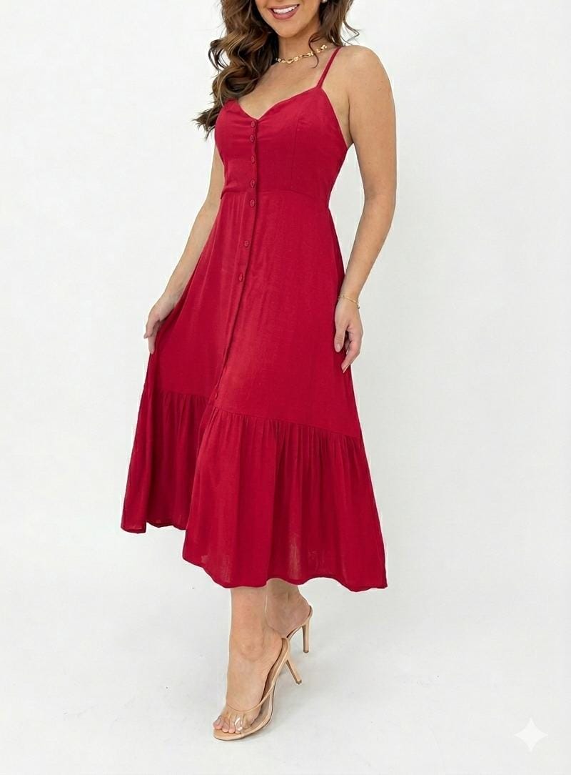 Vestido Midi Duna Vermelho Elegance Longo – Modela o Corpo com Detalhe em Botões