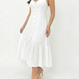 Vestido Midi Duna Branco Elegance Longo – Modela o Corpo com Detalhe em Botões
