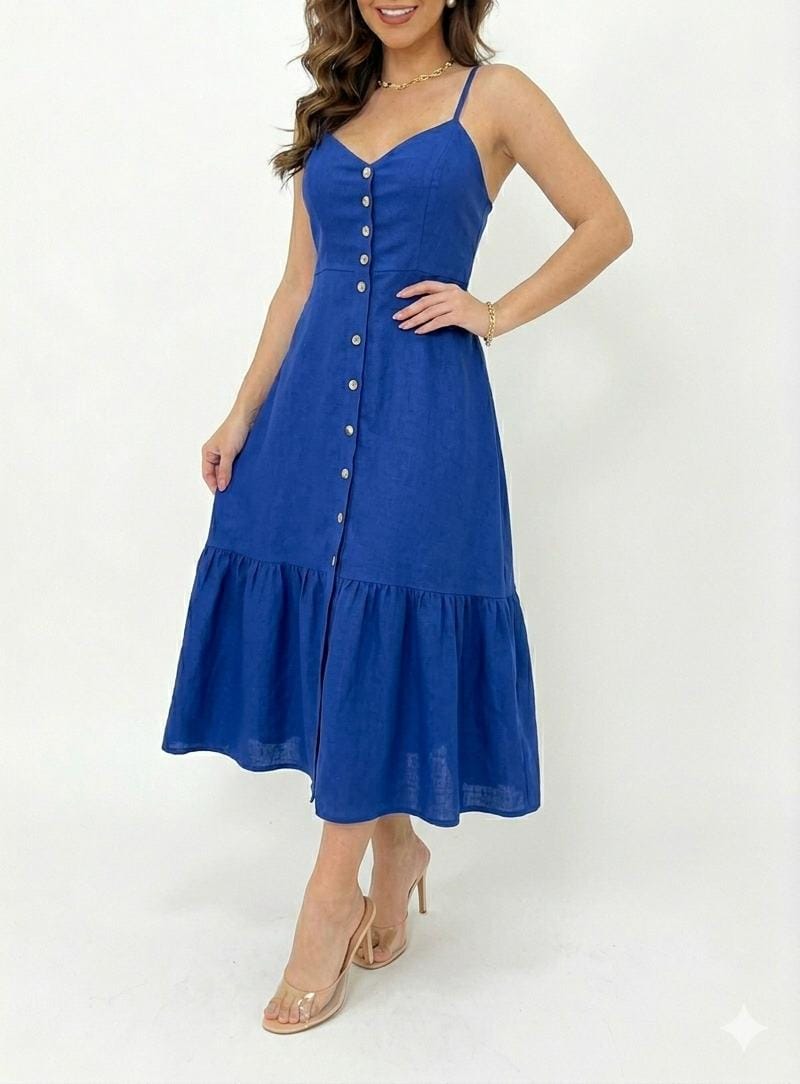 Vestido Midi Duna Azul Elegance Longo – Modela o Corpo com Detalhe em Botões