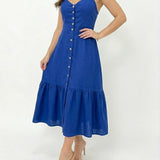 Vestido Midi Duna Azul Elegance Longo – Modela o Corpo com Detalhe em Botões