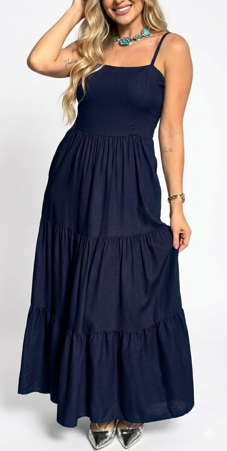 Vestido Duna Azul Escuro Elegance Longo – Modela o Corpo